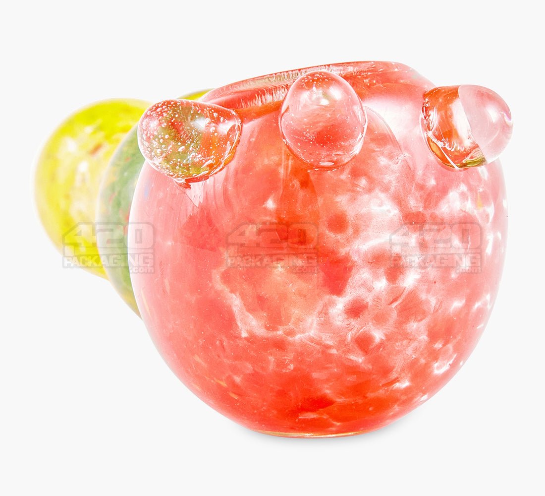 Frit Bulged Spoon Hand Pipe w/ Triple Knockers | 4in - Glass - Rasta - 3