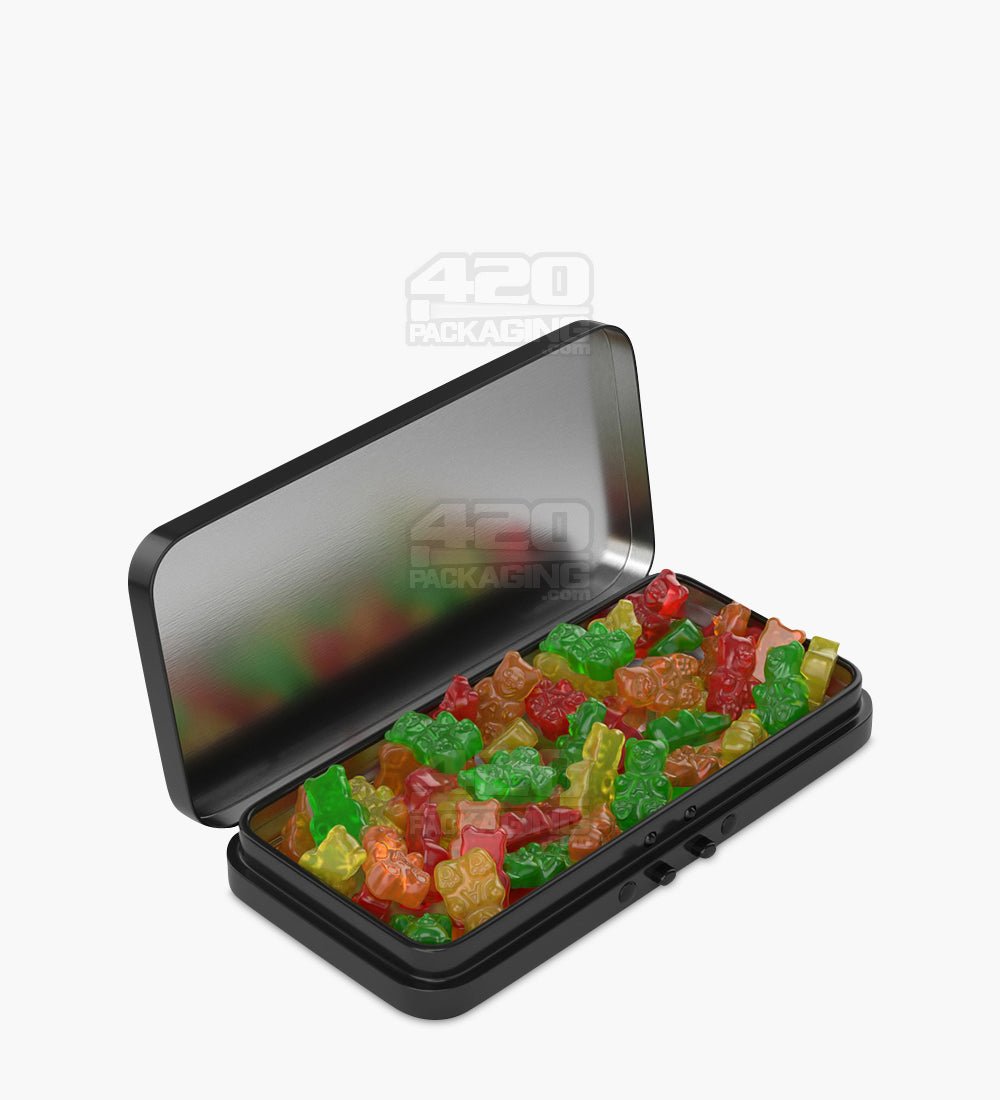 Child Resistant & Sustainable Hinged-Lid Large 3/4 Pack Edible & Joint Black Tin Box 100/Box - 2