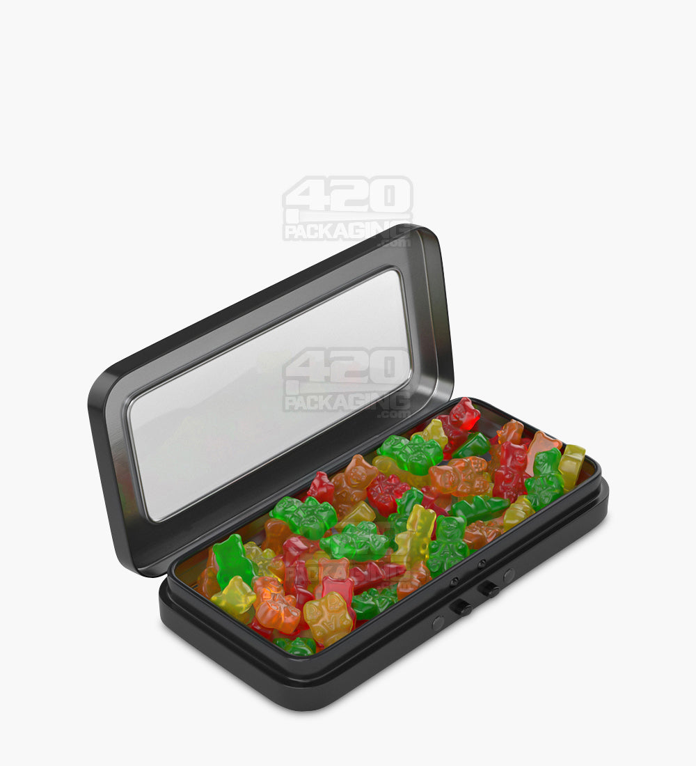 Child Resistant & Sustainable Hinged-Lid Large Vista Black Tin Box w/ See-Through Window 100/Box - 2