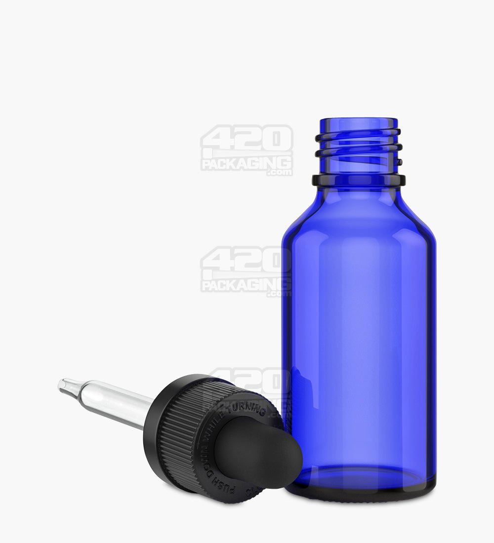 30mL Blus Glass Child Resistant Bottles With Black Ribbed Dropper Cap 120/Box - 6