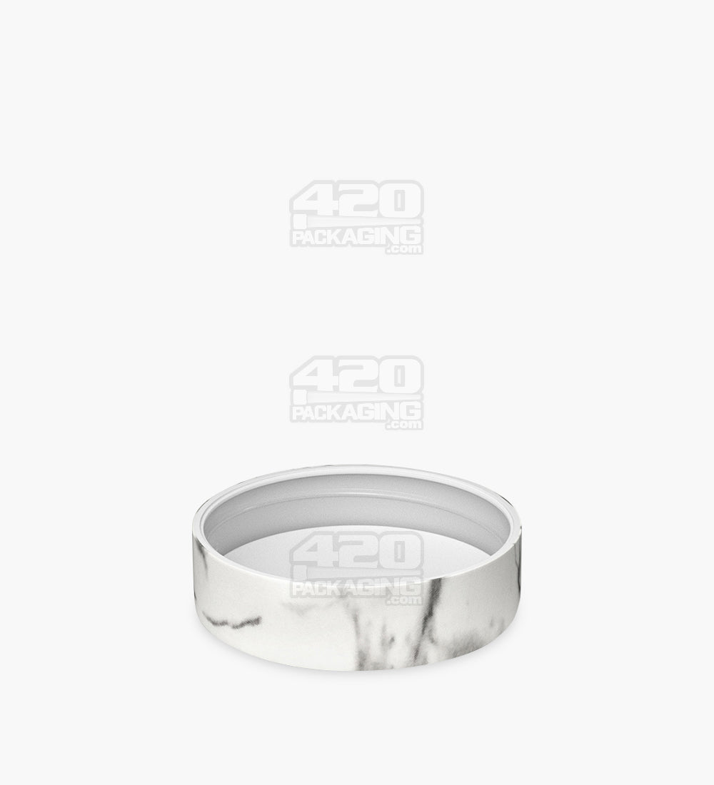 Child Resistant | Smooth Flat Push Down & Turn Plastic Caps w/ Foam Liner | 50mm - White Marble - 100 Count