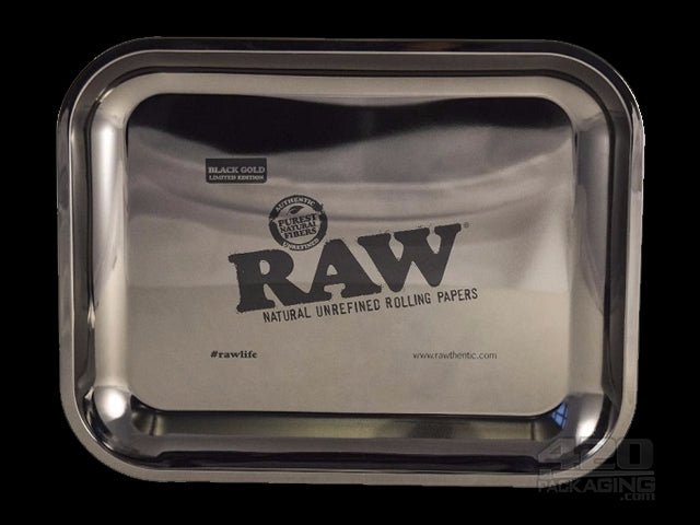 RAW Large Black Gold Plated Metal Rolling Tray 1/Box - 1