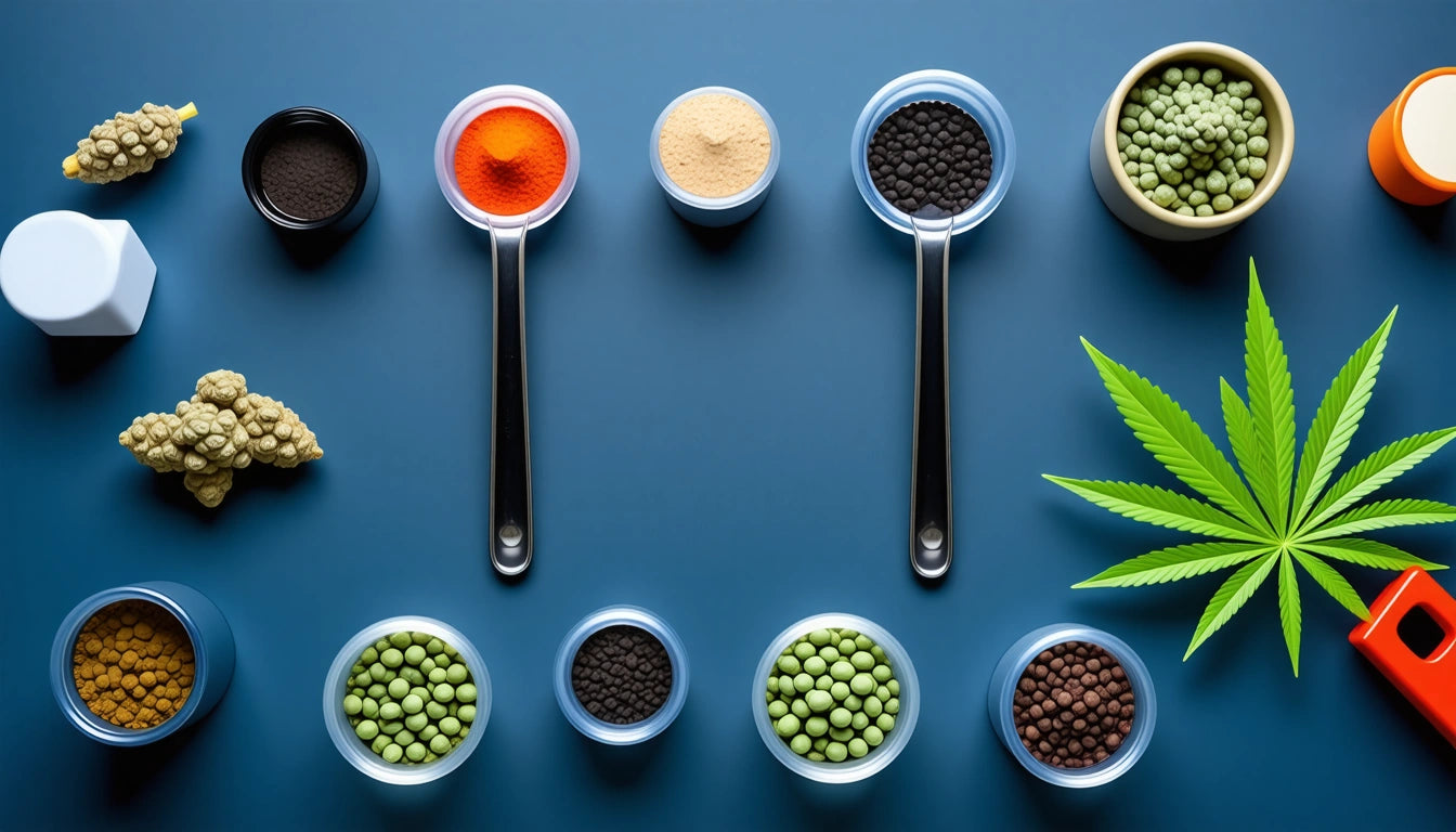 Measuring spoons with colorful powders, small bowls of seeds, cannabis leaf, and buds on a blue surface