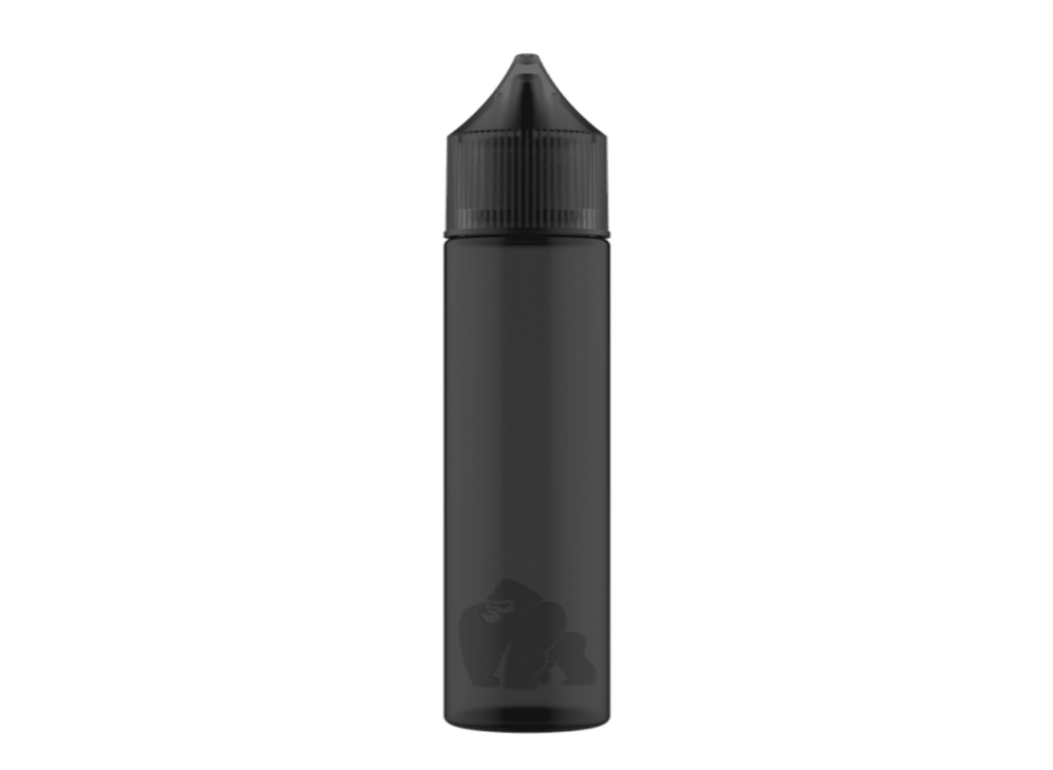 Gorilla sitting at a wooden table with a water bottle on the right, neutral background