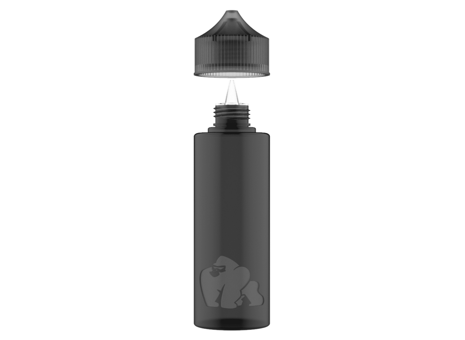 Gray gorilla-shaped bottle with a gold cap on a wooden table, next to a small knife and cheese on a dark background