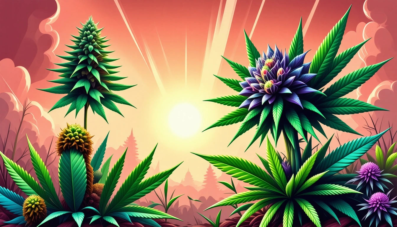 Vibrant plants with spiky leaves and colorful flowers under a bright sun with rays, set against a pink and orange sky