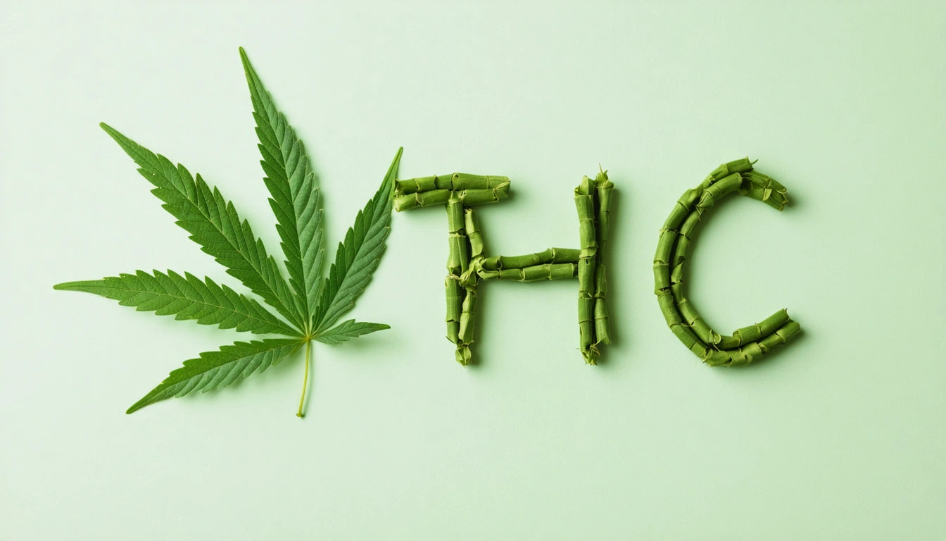 Cannabis leaf next to the letters "THC" formed with green plant stems on a light green background