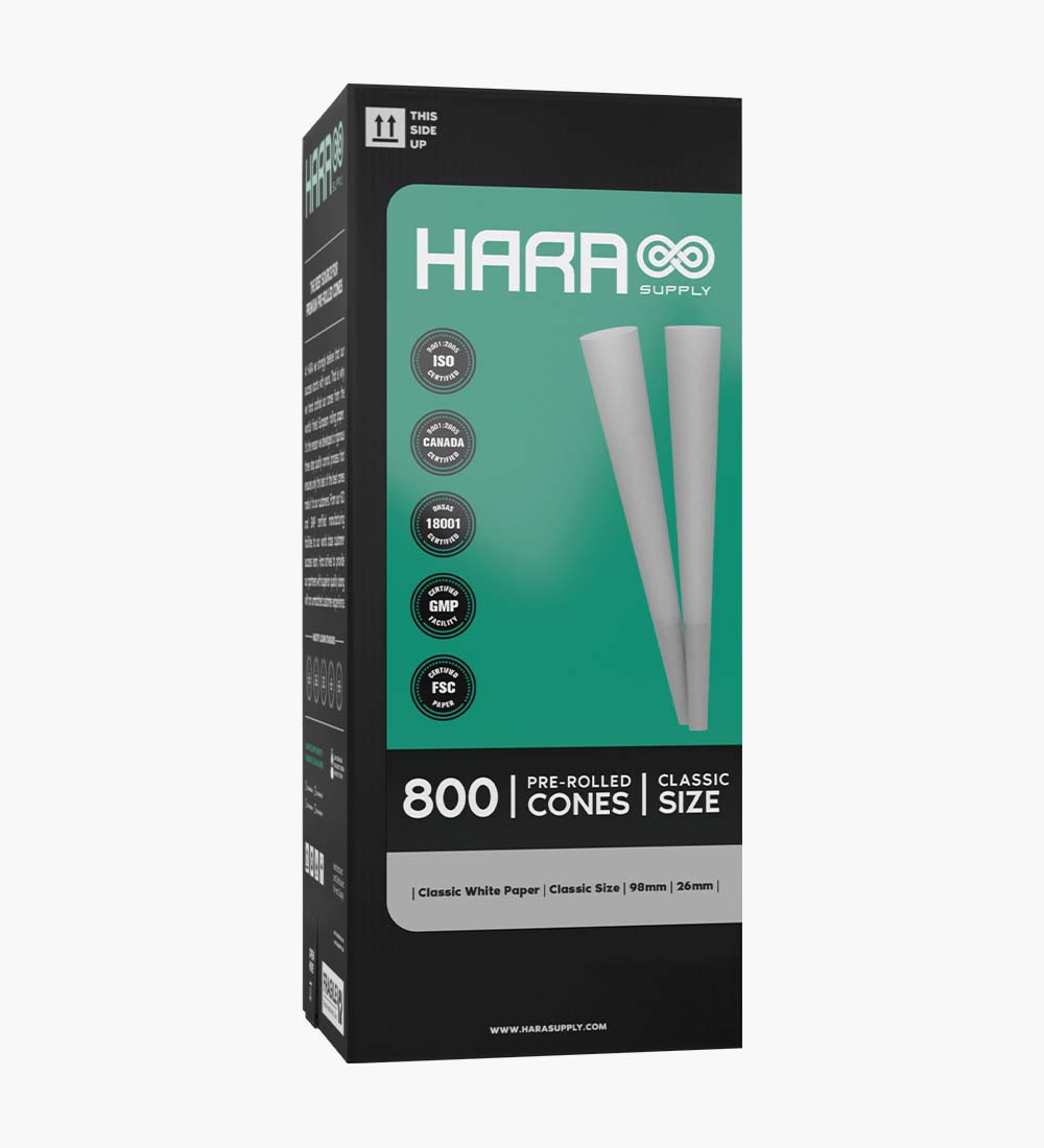 Hara Supply 98mm Classic Size Bleached White Pre Rolled Cones w/ Filter Tip 800/Box