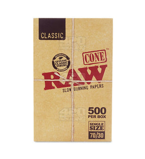 RAW 70mm Classic Single Sized Pre Rolled Unbleached Cones 500/Box - 2