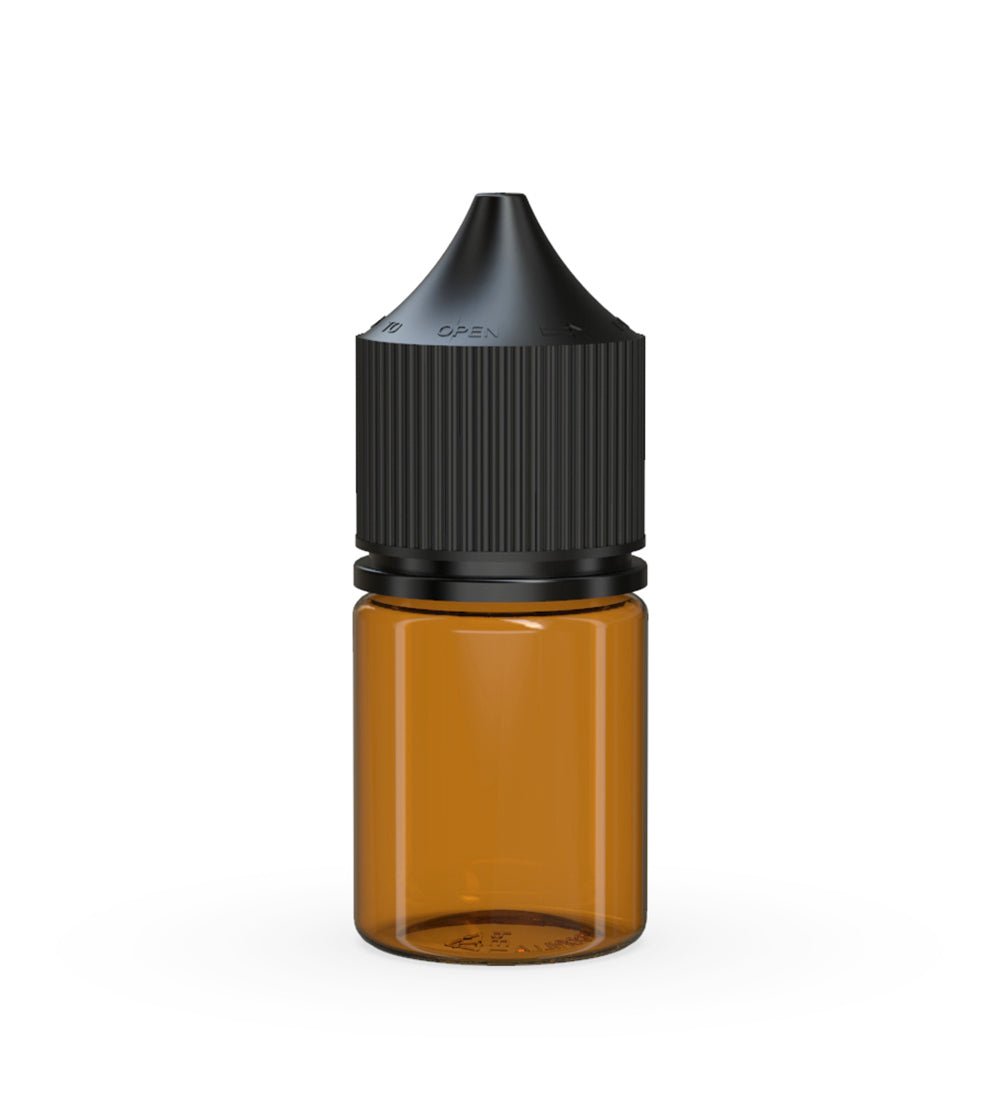 CHUBBY GORILLA Child Resistant Stubby Unicorn PET Dropper Bottles Amber | 20mL - w/ Black Lid | Sample