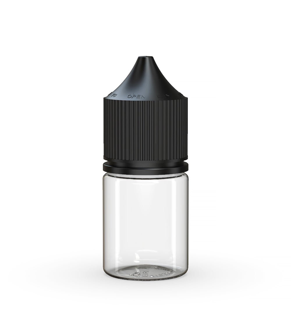 CHUBBY GORILLA Child Resistant Stubby Unicorn PET Dropper Bottles Clear | 20mL - w/ Black Lid | Sample