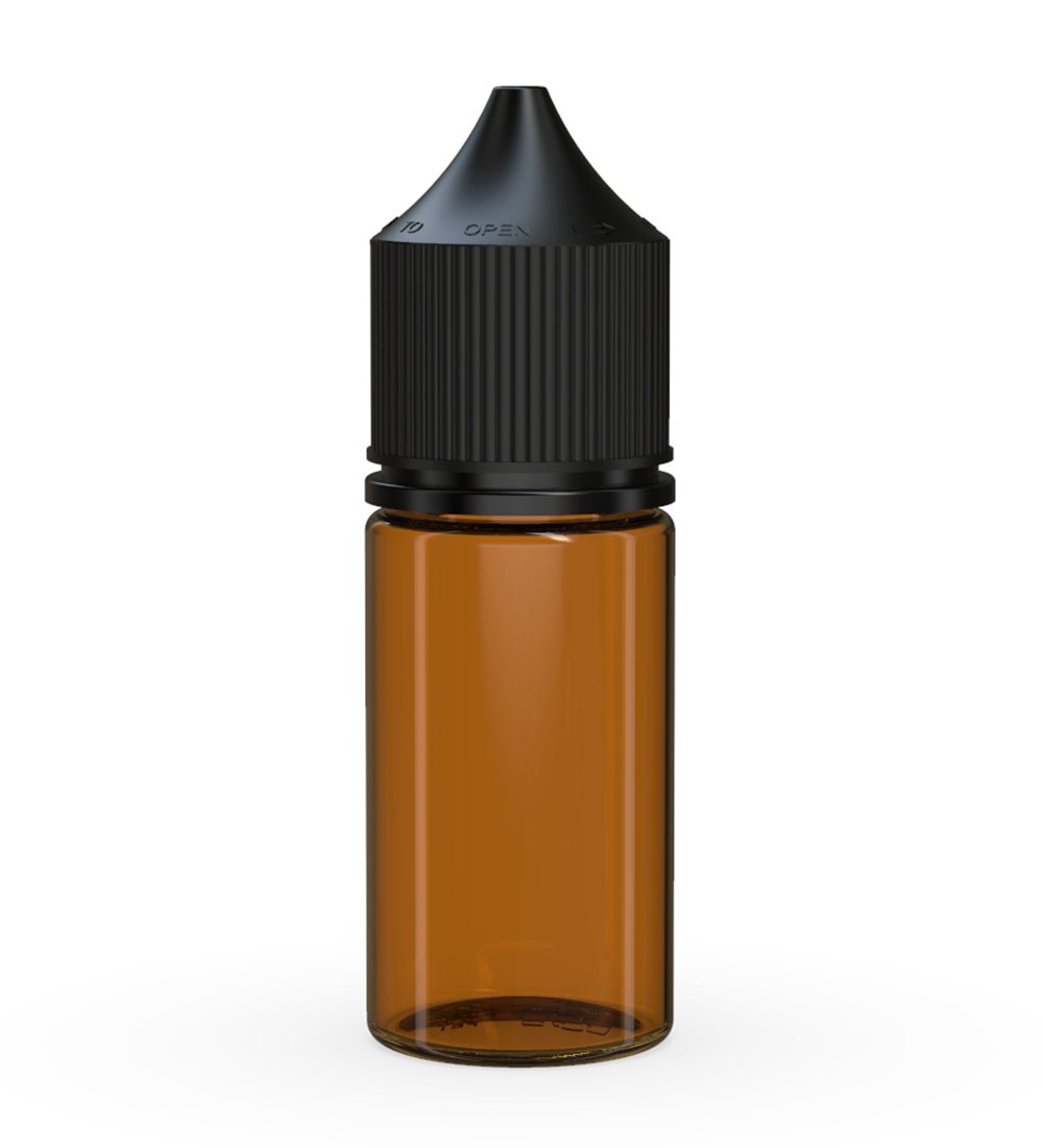 CHUBBY GORILLA Child Resistant Stubby Unicorn PET Dropper Bottles Amber | 30mL - w/ Black Lid | Sample