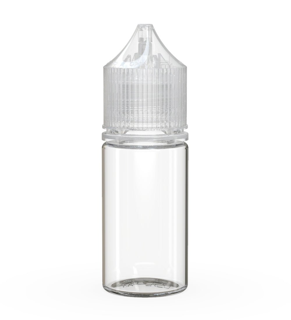 CHUBBY GORILLA Child Resistant Stubby Unicorn PET Dropper Bottles Clear | 30mL - w/ Clear Lid | Sample