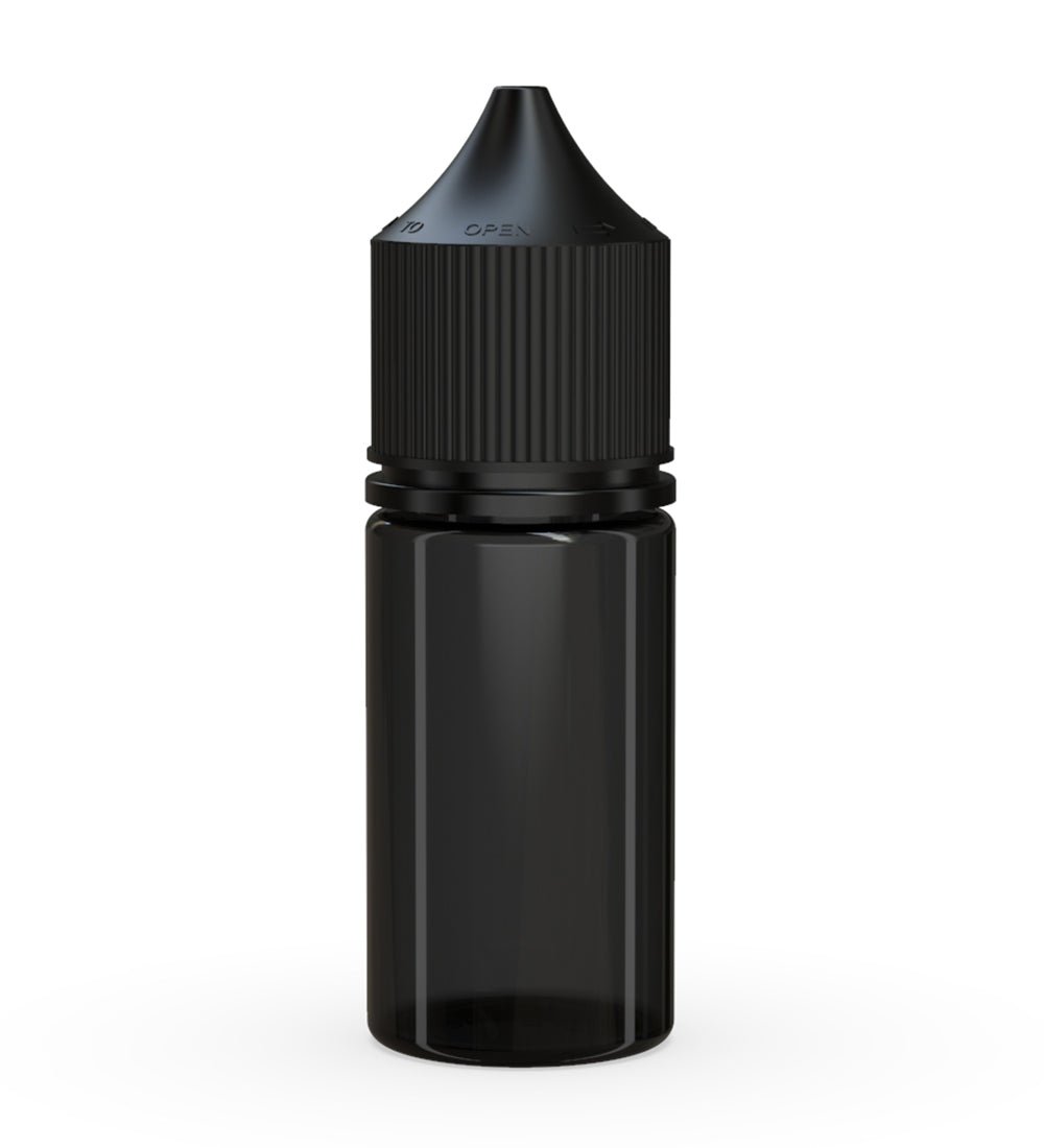 CHUBBY GORILLA Child Resistant Stubby Unicorn PET Dropper Bottles Transparent Black | 30mL - w/ Black Lid | Sample