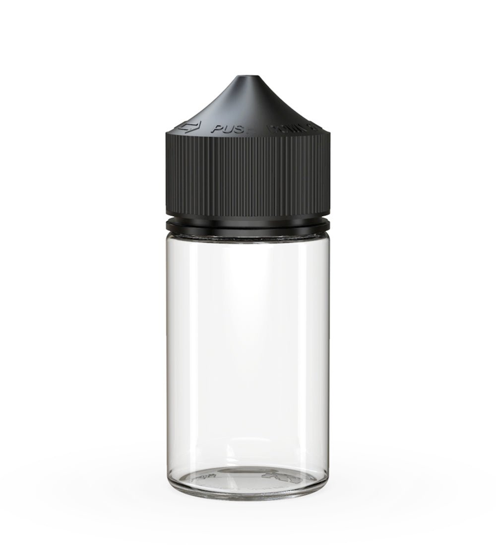 CHUBBY GORILLA Child Resistant Mini Unicorn PET Dropper Bottles Clear | 60mL - w/ Black Lid | Sample