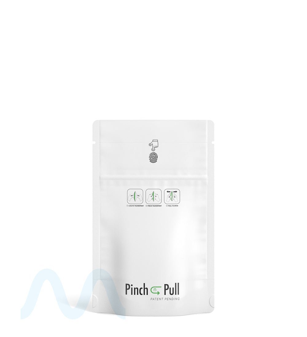 Child Resistant & Tamper Evident Pinch N Pull Matte White PCR Mylar Bags | 3.6in x 5.8in - 3.5g | Sample