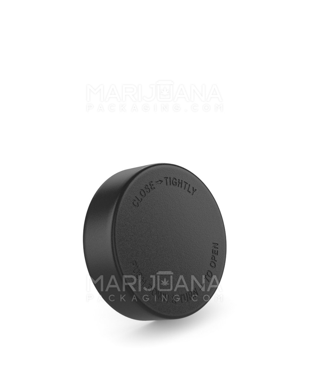 Child Resistant Smooth Push Down & Turn Plastic Caps w/ Text & Foam Liner | 50mm - Matte Black | Sample