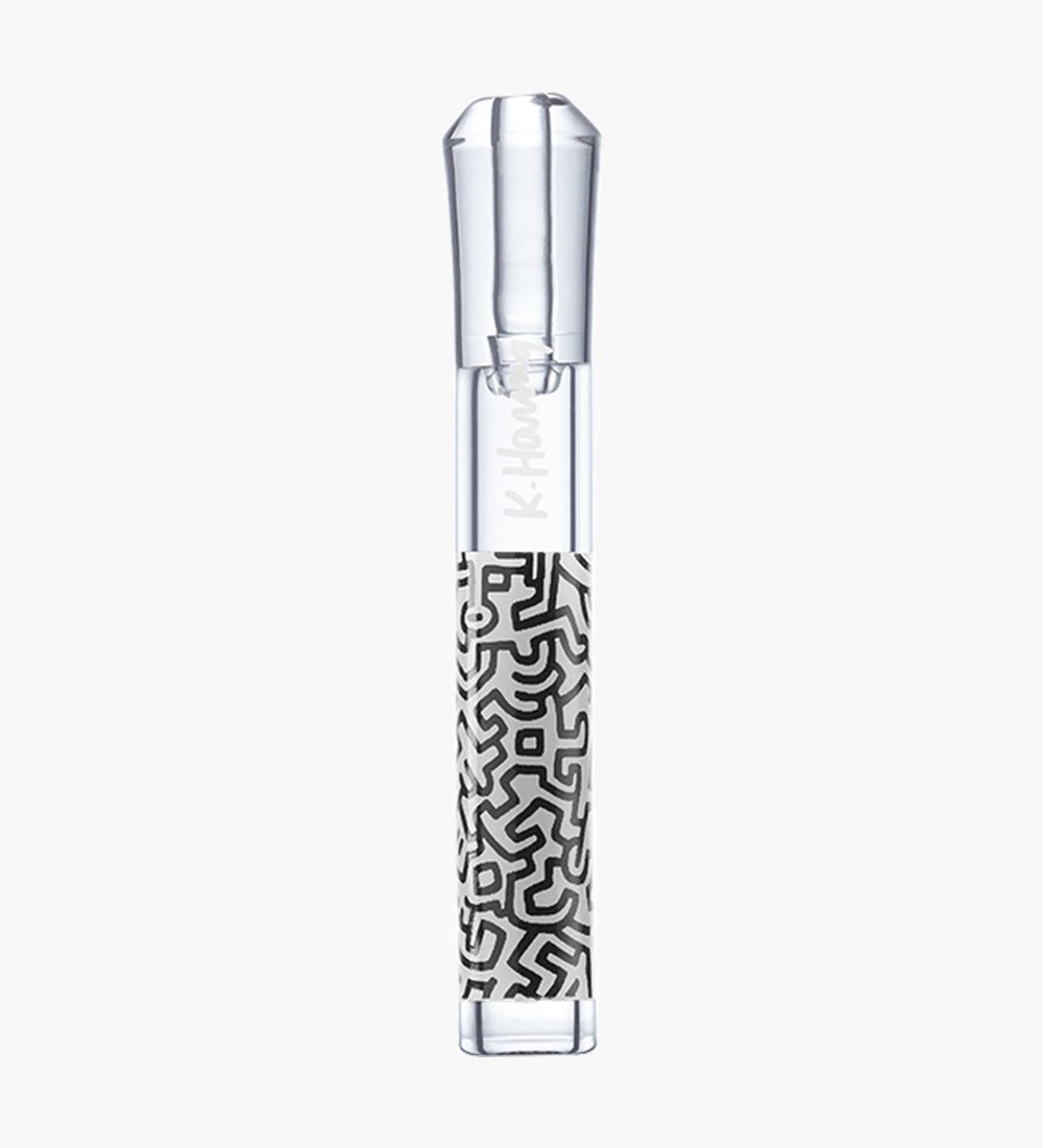 Keith Haring | Glass Taster Chillum Hand Pipe | 3.3in Long - Glass - Clear Black & White - 1