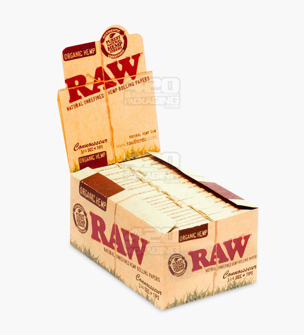 RAW 1 1/4 Size Connoisseur Organic Hemp Rolling Papers With Tips 24/Box - 1
