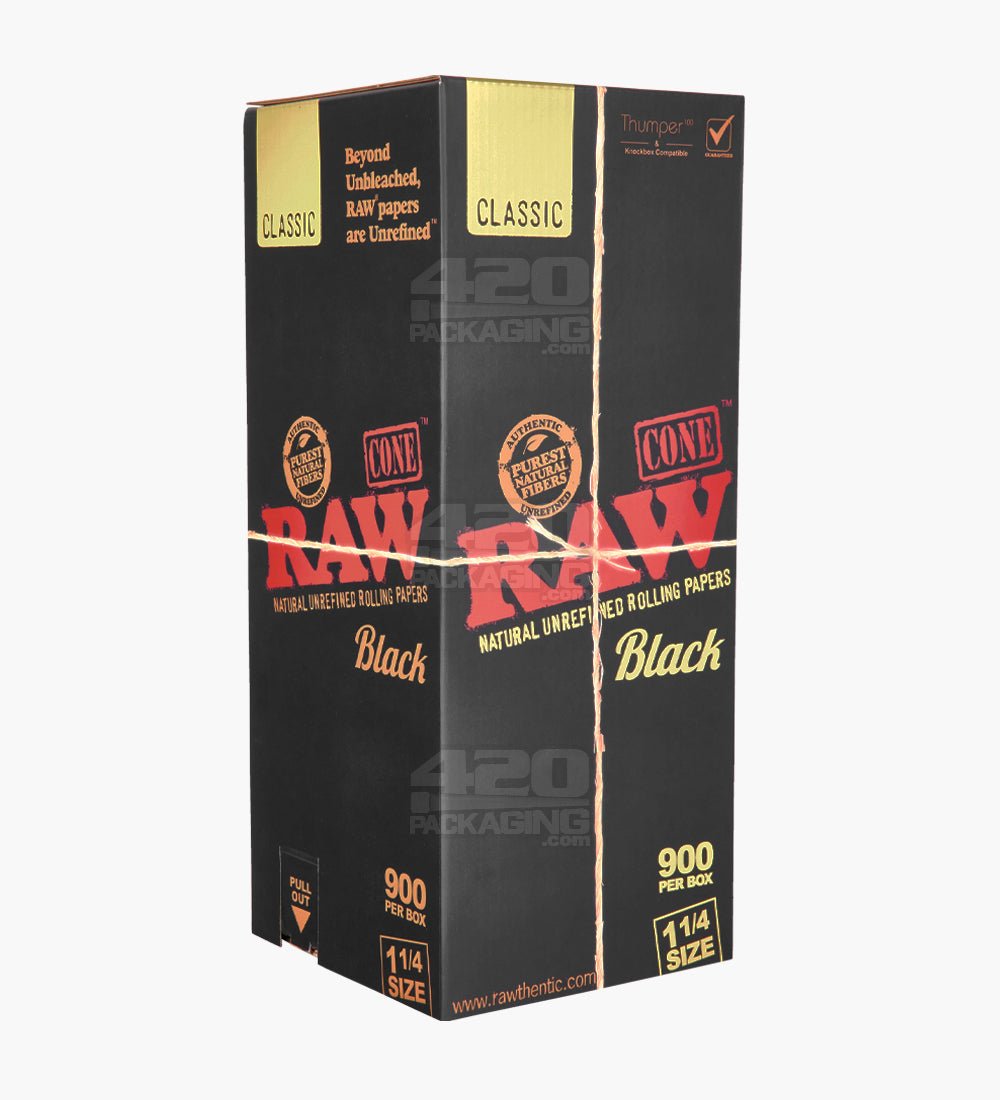 RAW Black Classic 1 1/4 Size 84mm Pre Rolled Unbleached Paper Cones 900/Box - 1