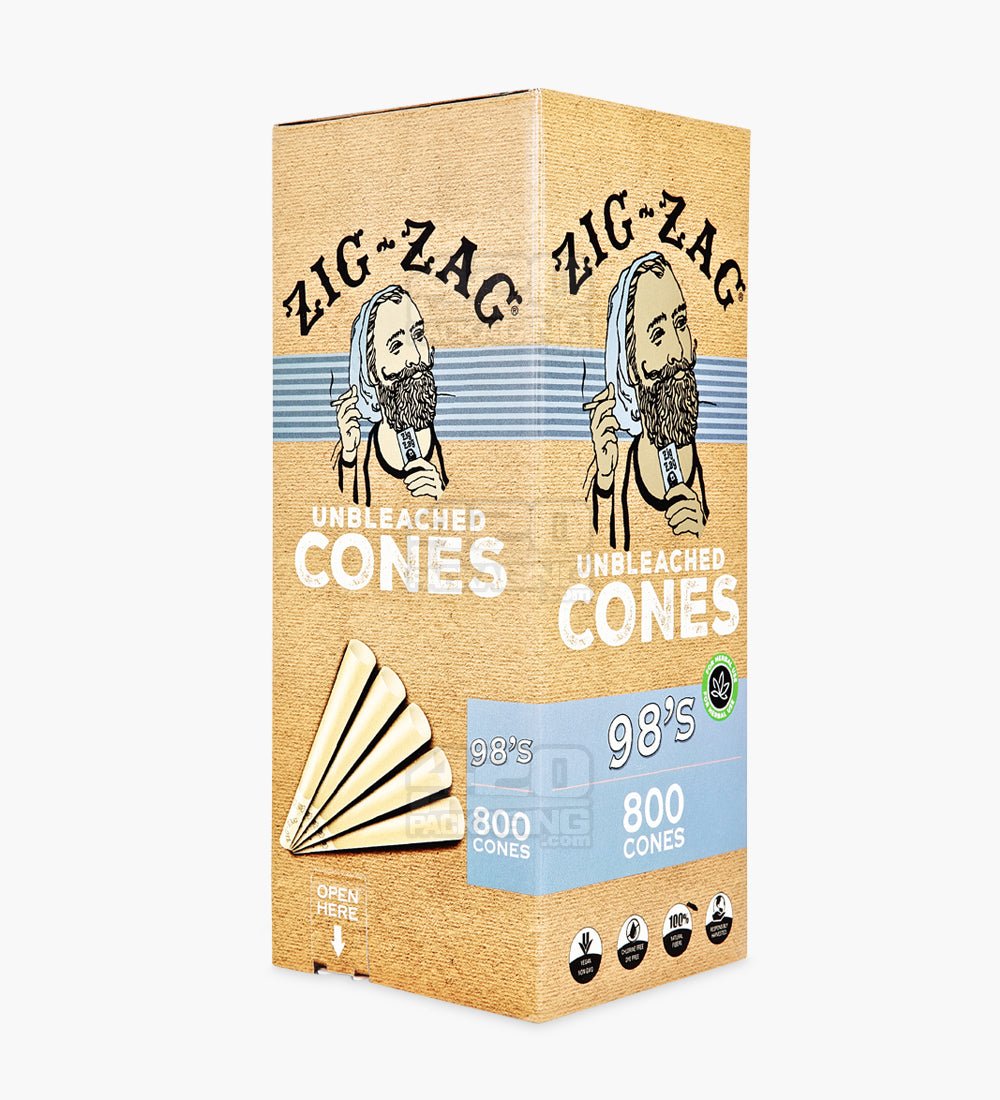 Zig Zag 98mm 98 Special Size Unbleached Paper Pre Rolled Cones w/ Filter Tip 800/Box - 1