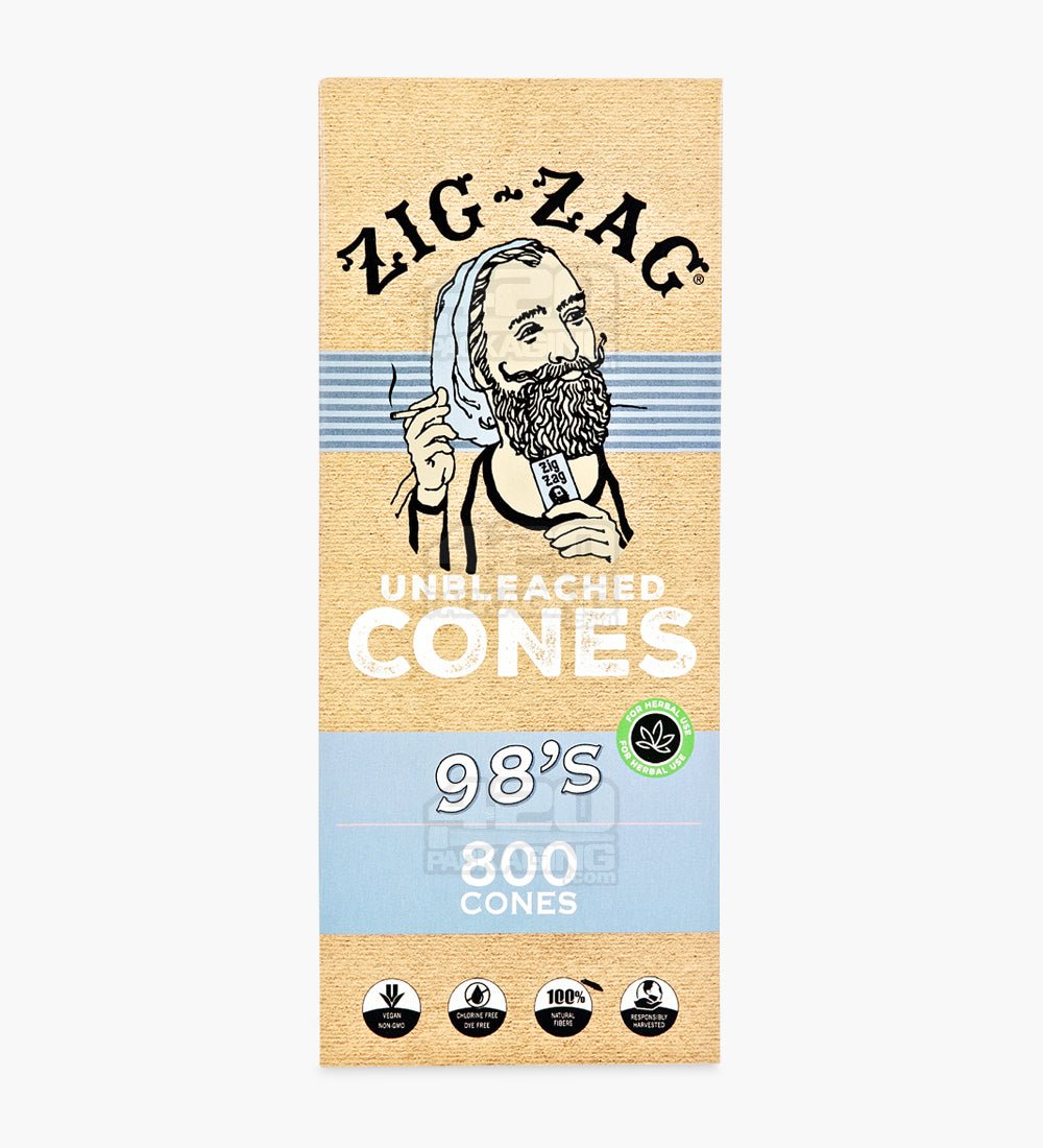 Zig Zag 98mm 98 Special Size Unbleached Paper Pre Rolled Cones w/ Filter Tip 800/Box - 4