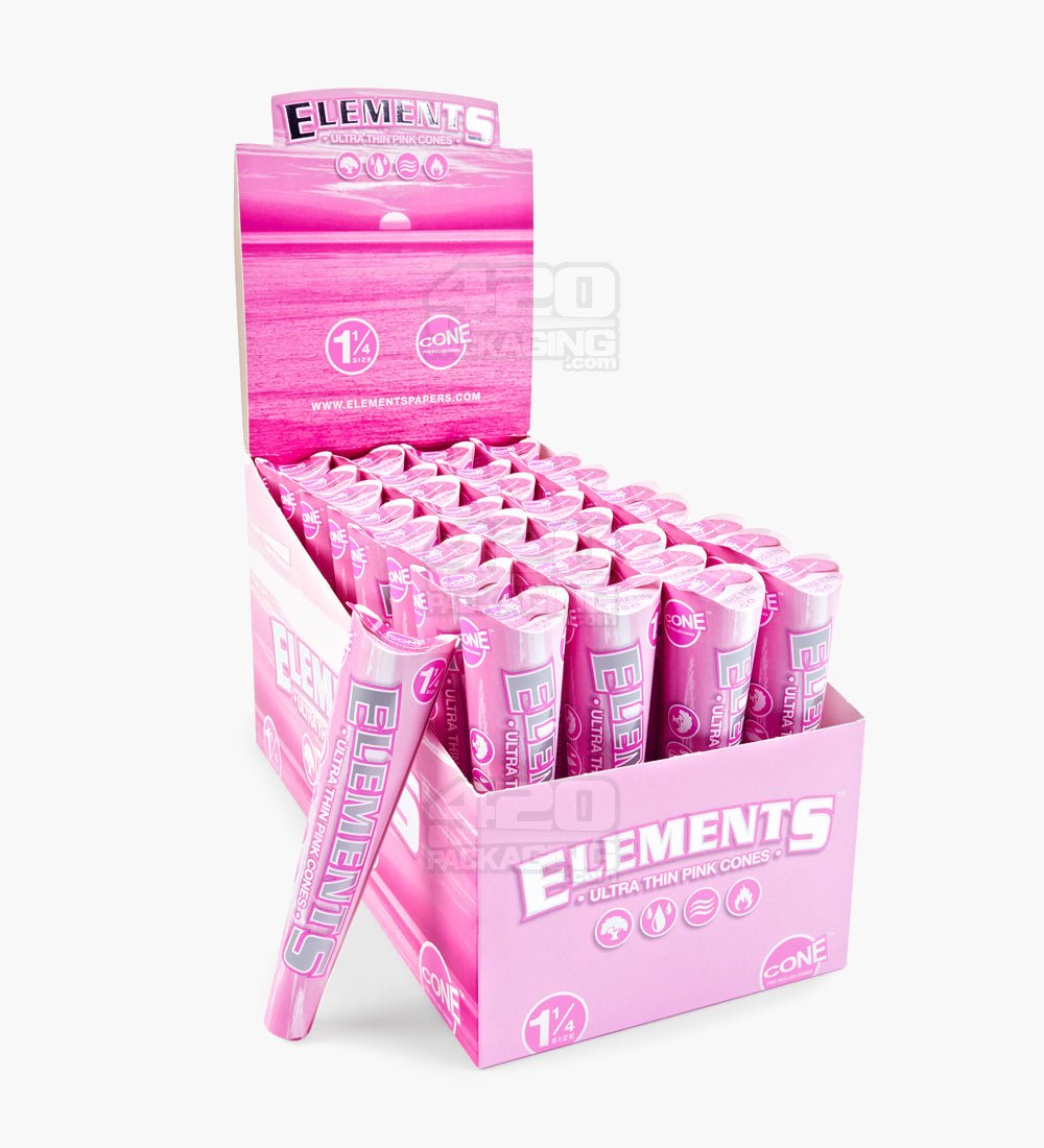 Elements 84mm 1 1/4 Size Ultra Thin Pink Rice Pre Rolled Cones 32/Box - 1