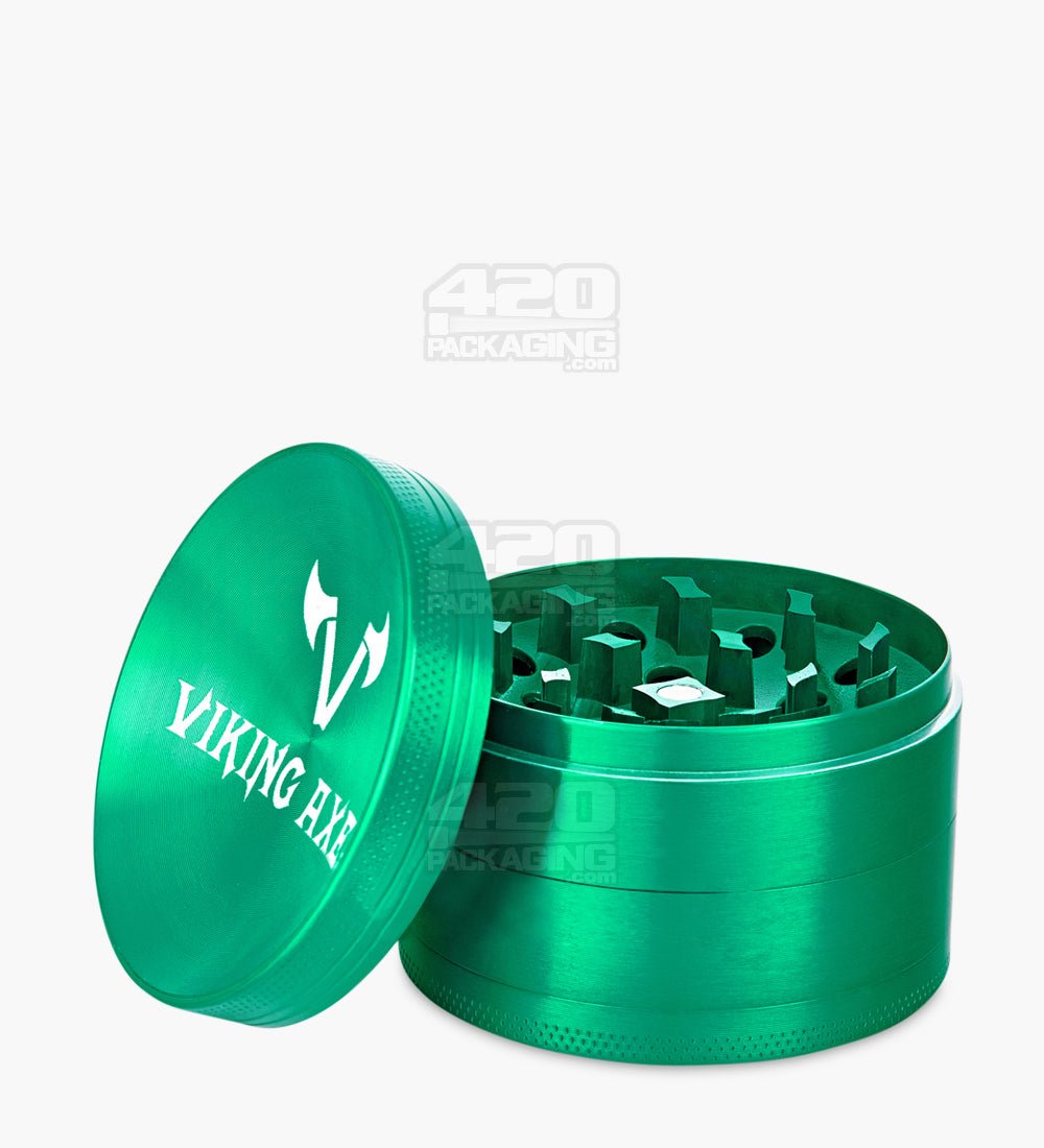 4 Piece 63mm Green Viking Axe Aluminum Magnetic Metal Grinder w/ Catcher - 1