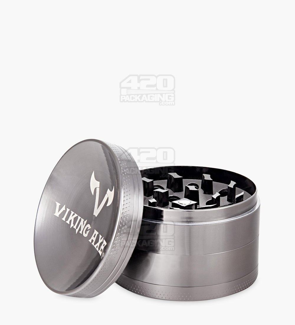 4 Piece 63mm Gunmetal Grey Viking Axe Aluminum Magnetic Metal Grinder w/ Catcher - 1