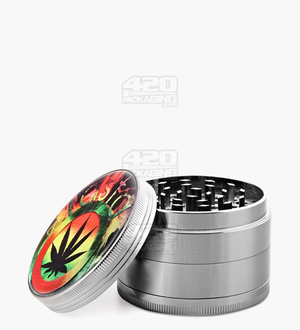 4 Piece 63mm Leaf Design Silver Magnetic Metal Grinder w/ Catcher - 6