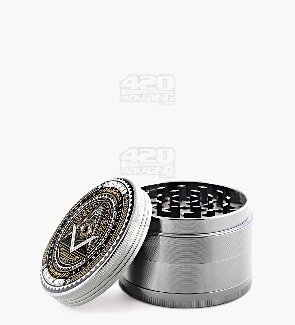 4 Piece 63mm Illuminati Third Eye Magnetic Metal Silver Grinder w/ Catcher - 1