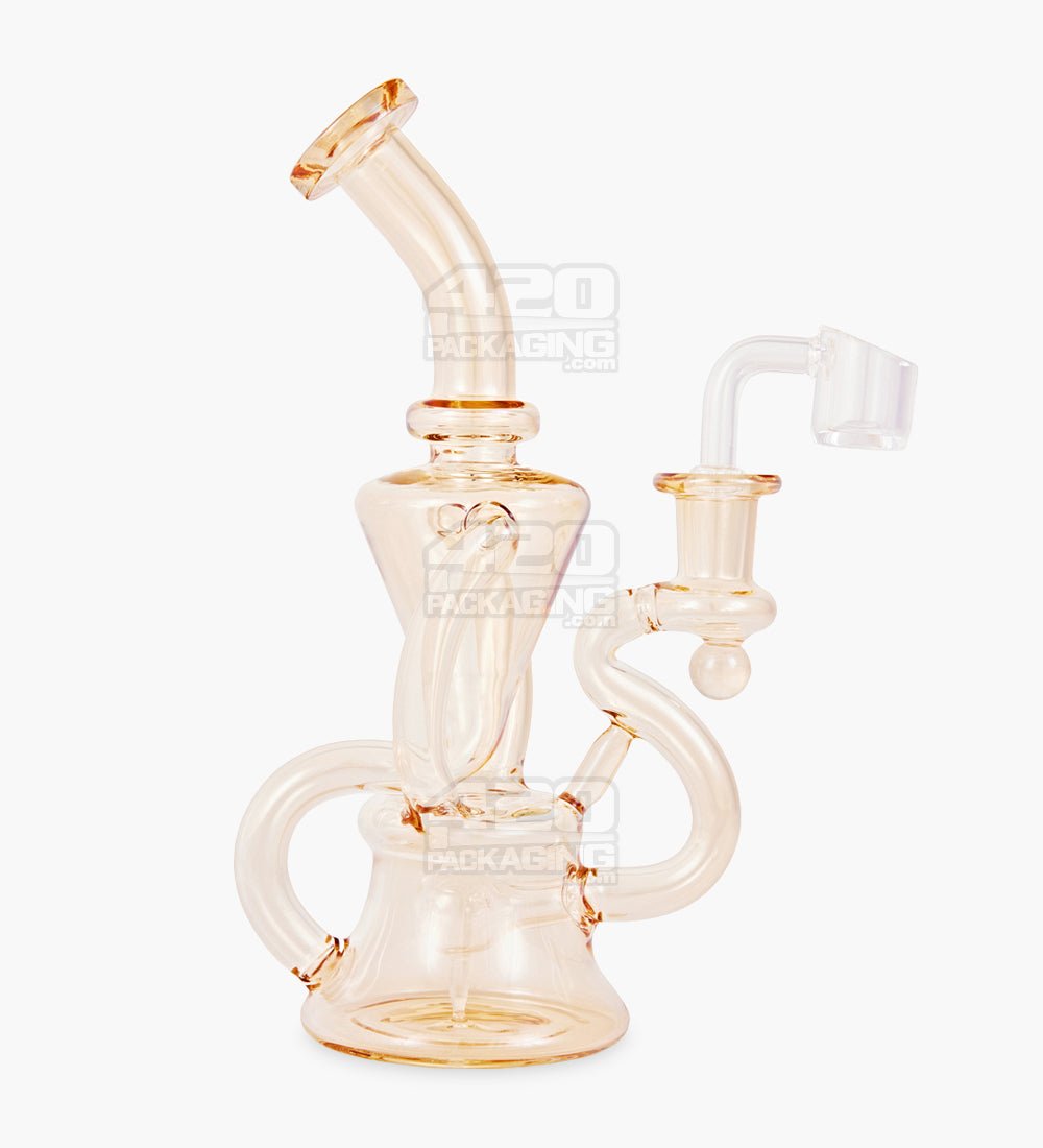 Bent Neck Iridescent Recycler Glass Bell Water Pipe | 8.5in Tall - 14mm Banger - Amber - 1