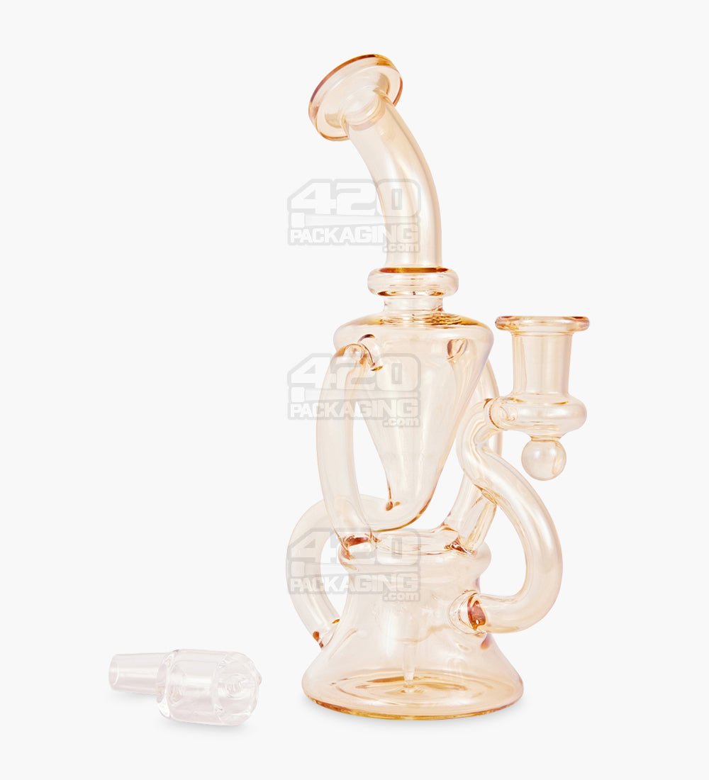Bent Neck Iridescent Recycler Glass Bell Water Pipe | 8.5in Tall - 14mm Banger - Amber - 2