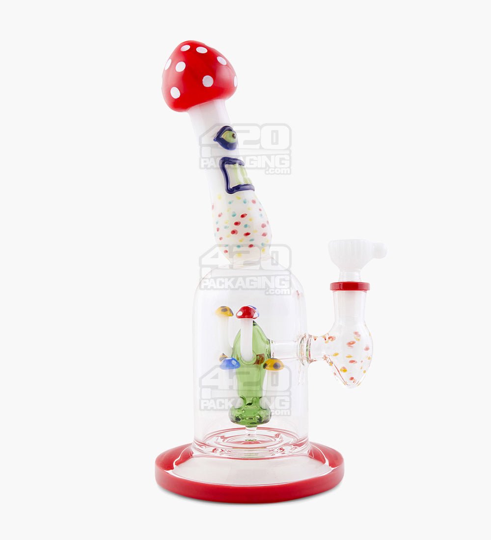 USA Glass | Bent Neck Mushroom Monster Figure UFO Perc Glass Water Pipe | 9.5in Tall - 14mm Bowl - Red - 1