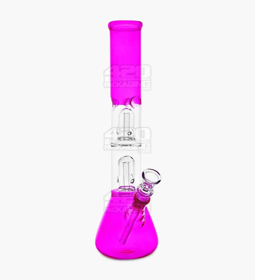 Double Chamber Straight Neck Dome Perc Glass Beaker Water Pipe w/ Ice Catcher | 12in Tall - 14mm Bowl - Assorted - 2