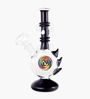 Straight Neck Wig Wag Circular Flask Glass Water Pipe w/ Triple Spikes | 8in Tall - 14mm Bowl - Black - 1