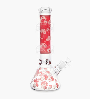 Straight Neck Mushroom Decal Glass Beaker Water Pipe w/ Ice Catcher | 14in Tall - 14mm Bowl - Red - 1