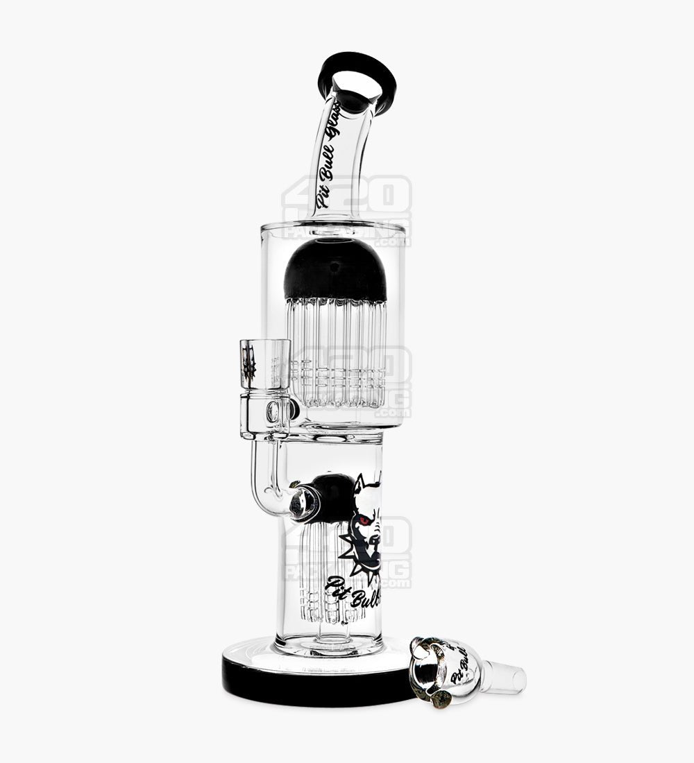 Pit Bull Bent-Neck Glass Water Pipe w/ Double Tree Perc | 12in Tall - 14mm Bowl - Black - 2