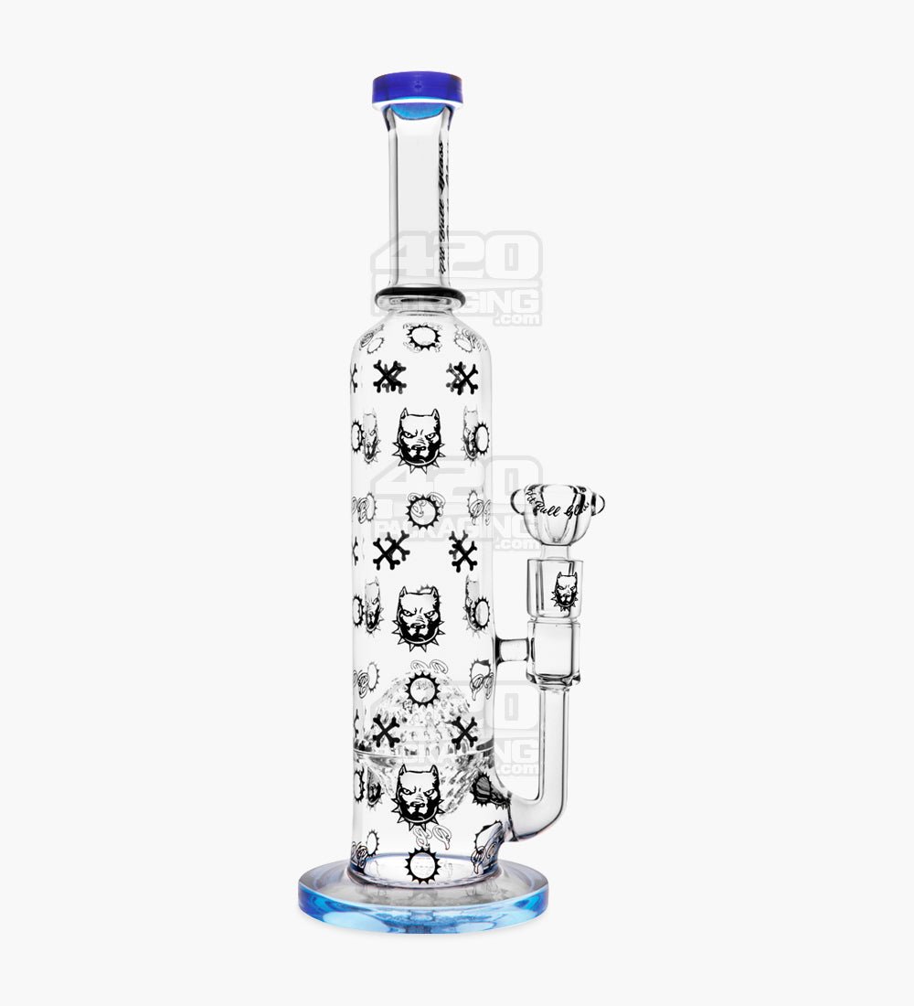 Pit Bull Decal Straight Neck Glass Water Pipe w/ Honeycomb Sphere Perc | 14in Tall - 14mm Bowl - Blue - 1