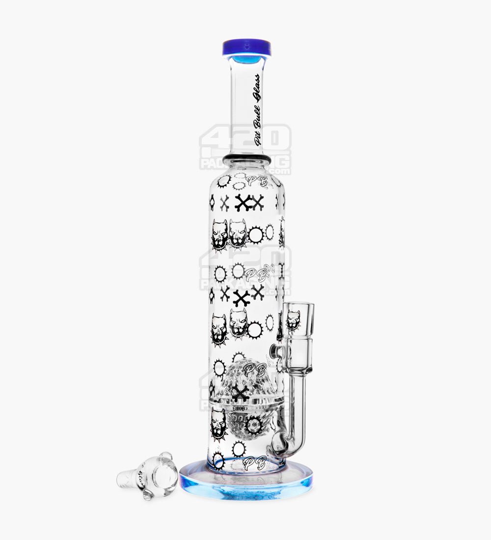 Pit Bull Decal Straight Neck Glass Water Pipe w/ Honeycomb Sphere Perc | 14in Tall - 14mm Bowl - Blue - 2