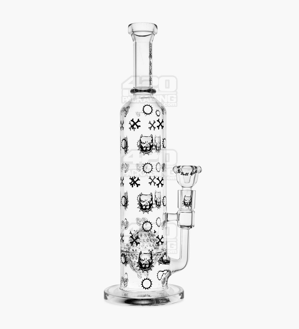 Pit Bull Decal Straight Neck Glass Water Pipe w/ Honeycomb Sphere Perc | 14in Tall - 14mm Bowl - Clear