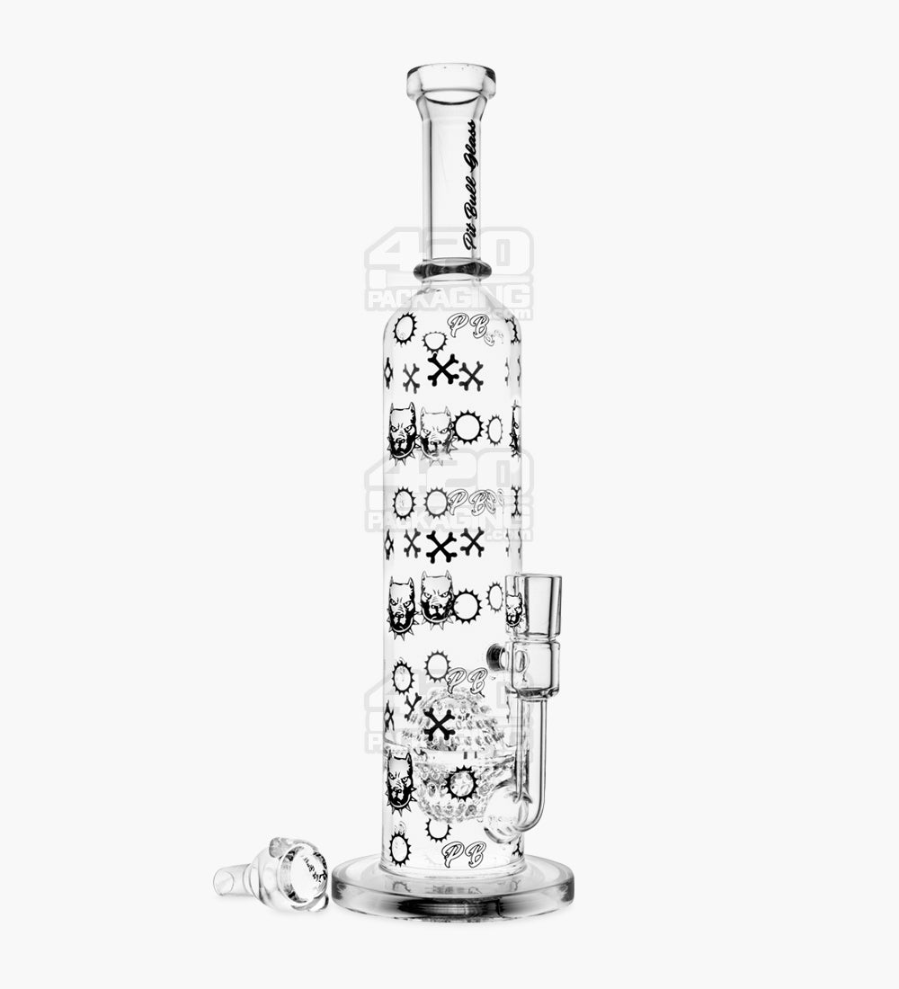 Pit Bull Decal Straight Neck Glass Water Pipe w/ Honeycomb Sphere Perc | 14in Tall - 14mm Bowl - Clear