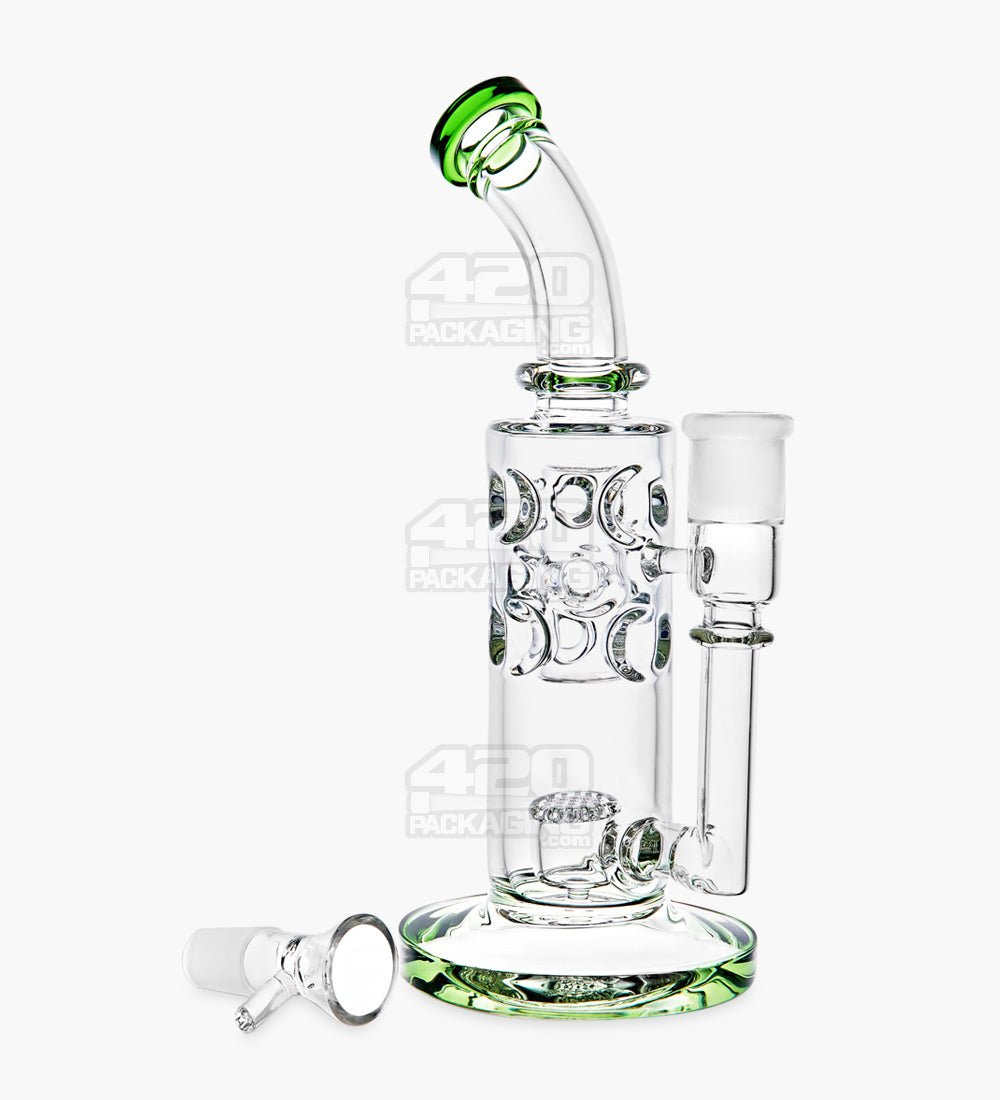 Bent Neck Thick Glass Water Pipe w/ Honeycomb Perc | 10in Tall - Green - 2