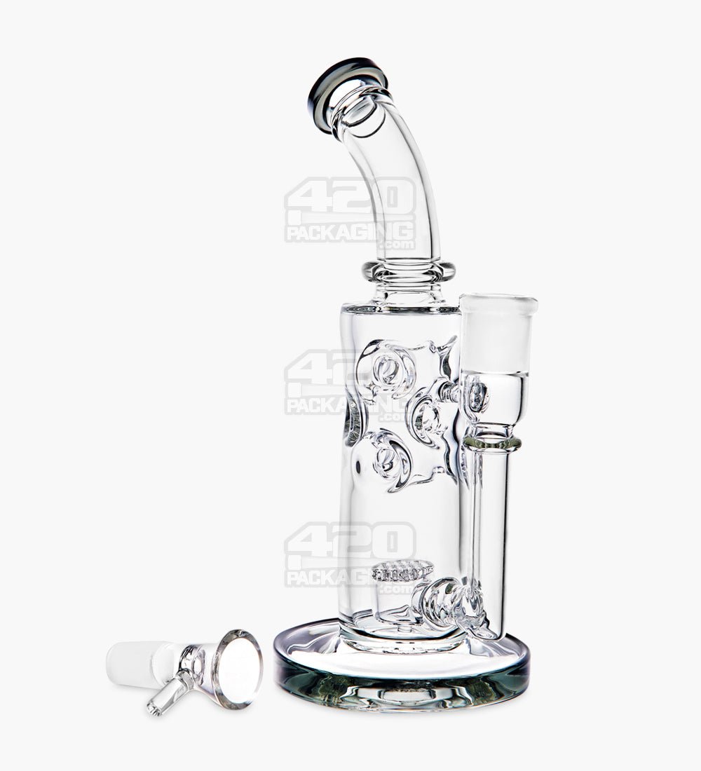 Bent Neck Thick Glass Water Pipe w/ Honeycomb Perc | 10in Tall - 18mm Bowl - Smoke - 2