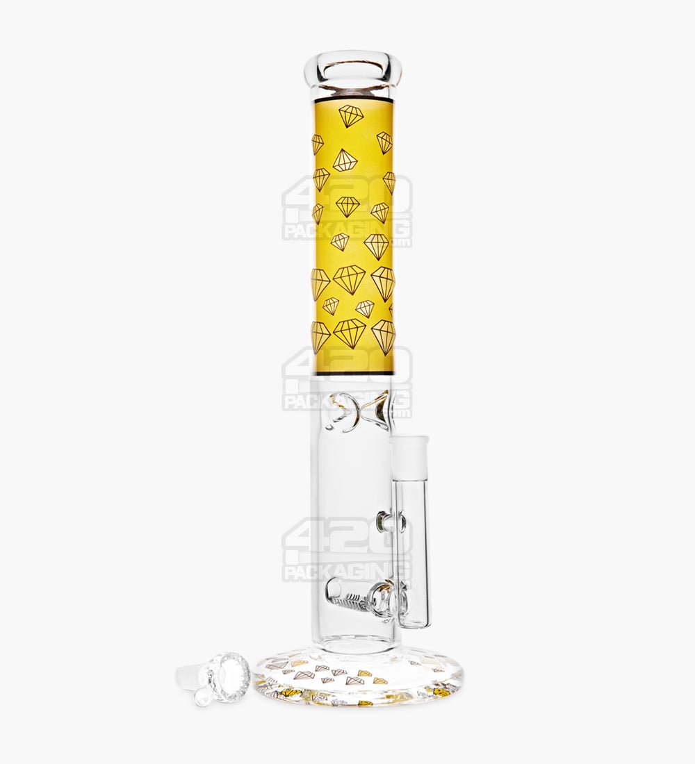 Straight Neck Diamond Decal Glass Water Pipe w/ Inline Perc | 14in Tall - 14mm Bowl - Yellow - 2