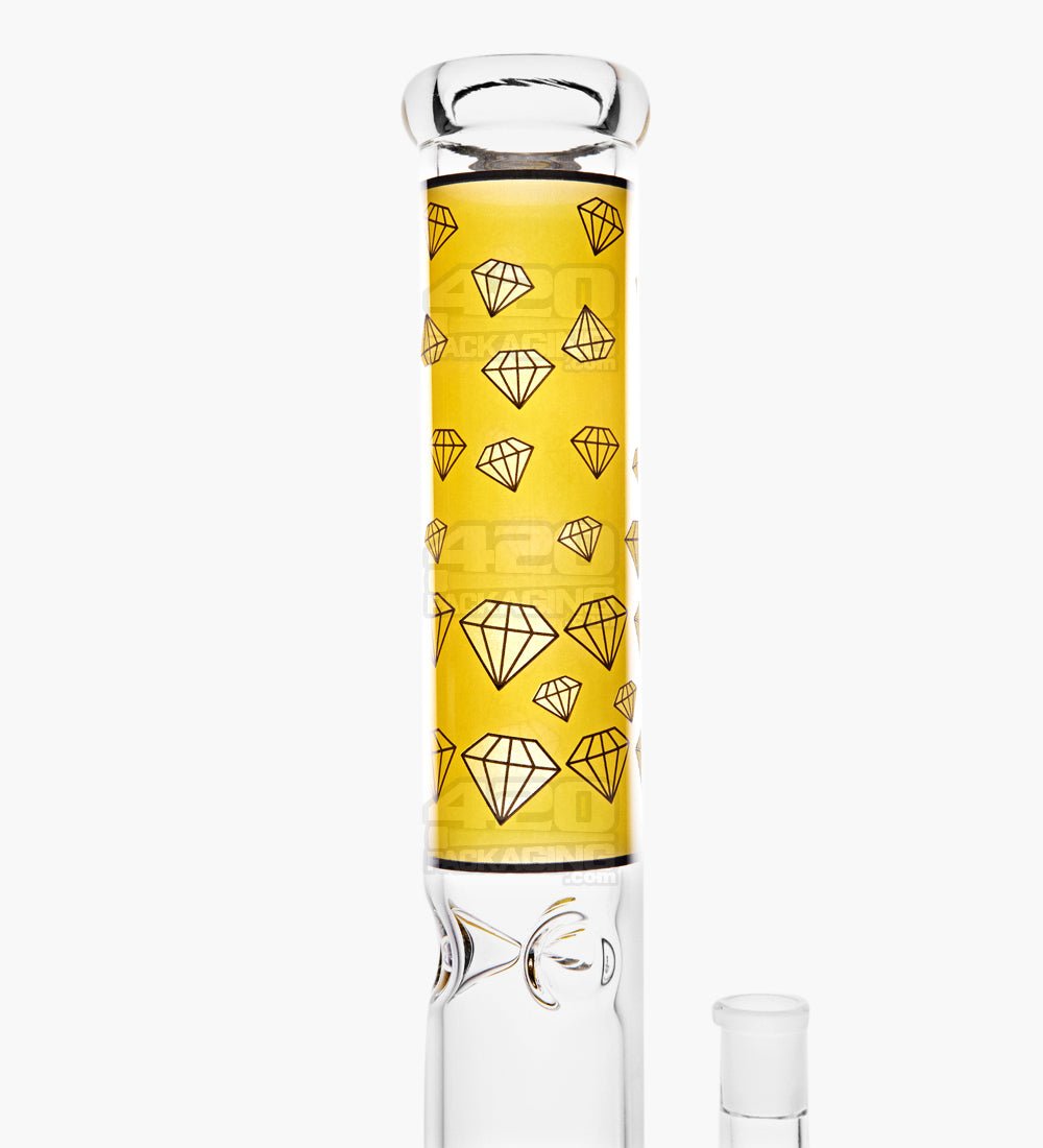 Straight Neck Diamond Decal Glass Water Pipe w/ Inline Perc | 14in Tall - 14mm Bowl - Yellow - 3