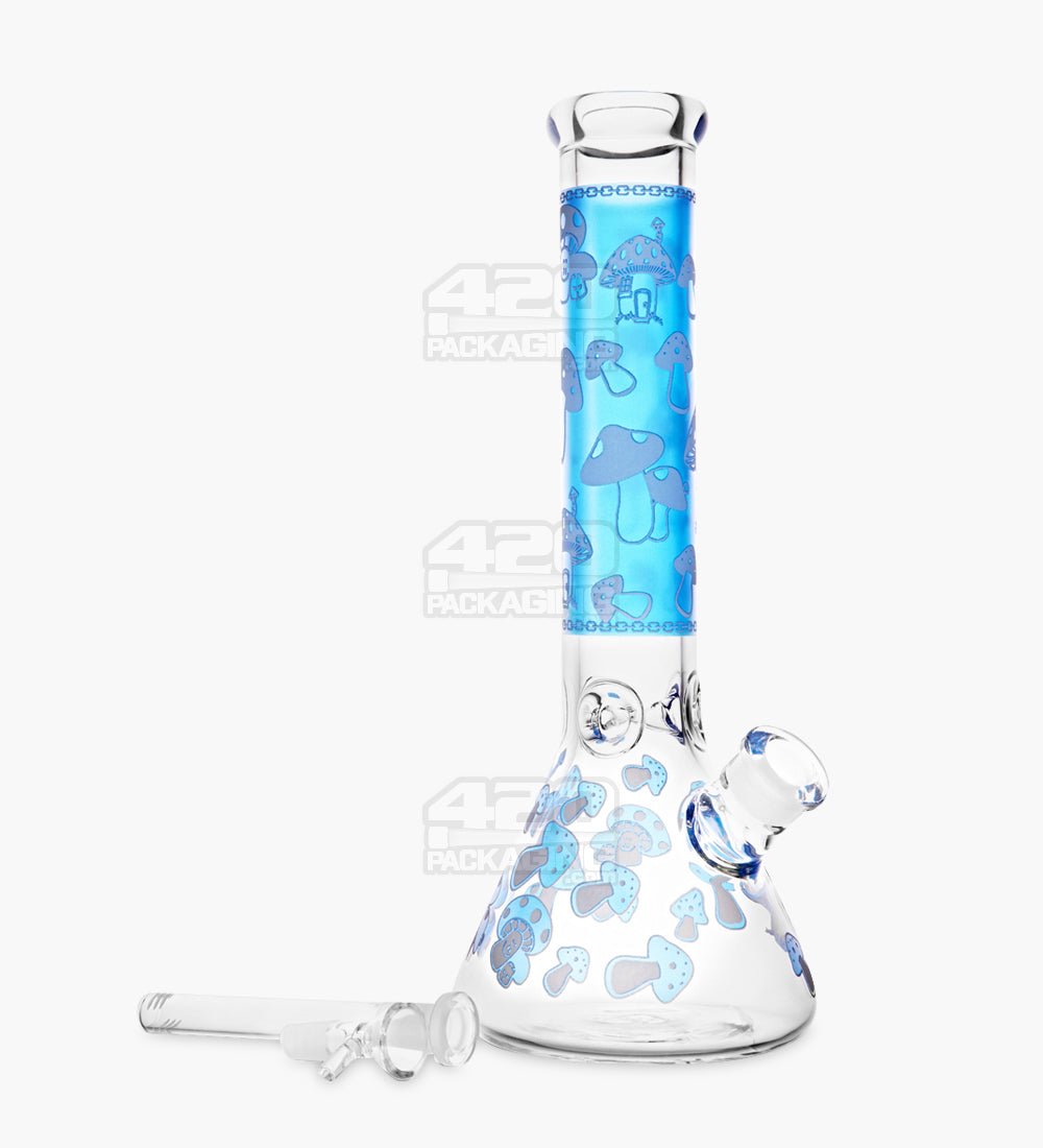 Straight Neck Mushroom Decal Glass Beaker Water Pipe w/ Ice Catcher | 14in Tall - 18mm Bowl - Blue - 2