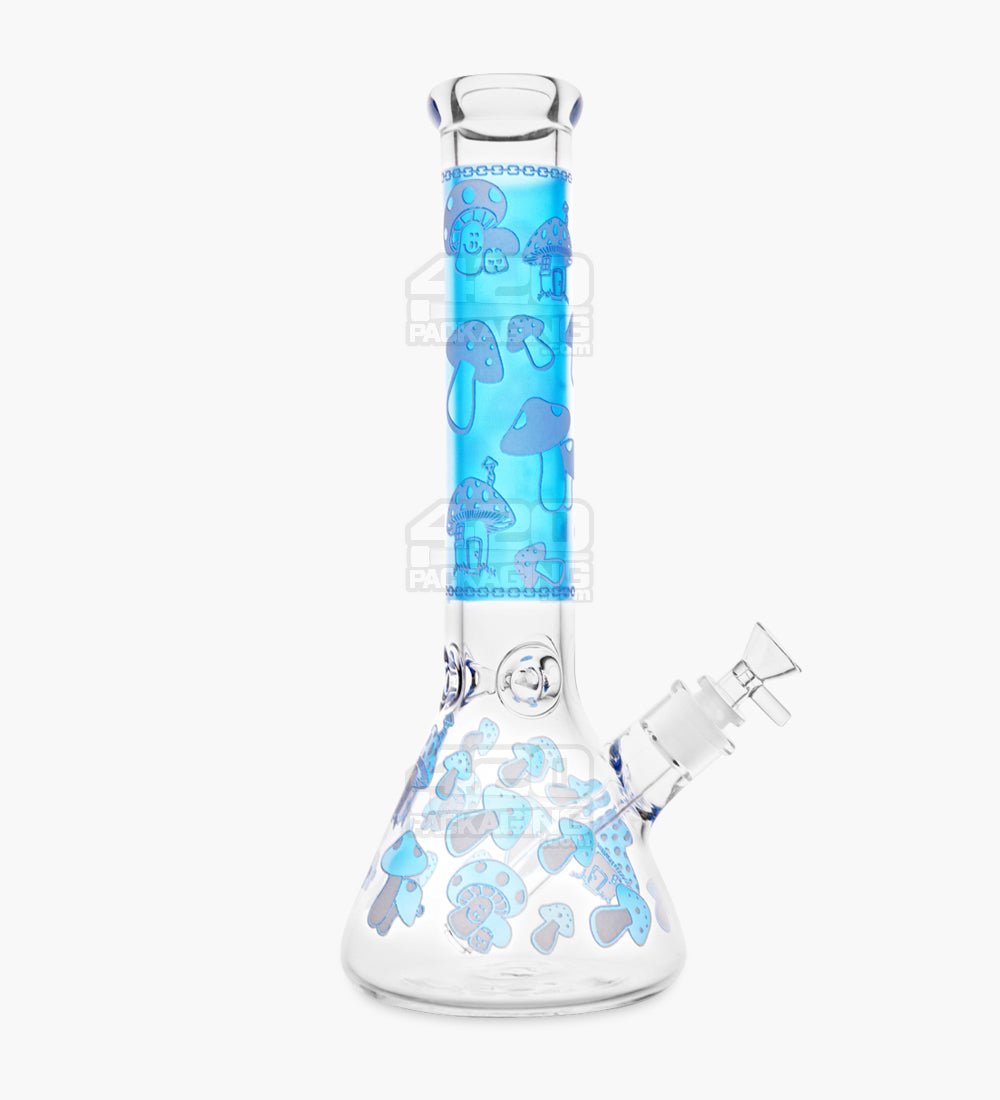 Straight Neck Mushroom Decal Glass Beaker Water Pipe w/ Ice Catcher | 14in Tall - 18mm Bowl - Blue - 1