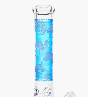 Straight Neck Mushroom Decal Glass Beaker Water Pipe w/ Ice Catcher | 14in Tall - 18mm Bowl - Blue - 3