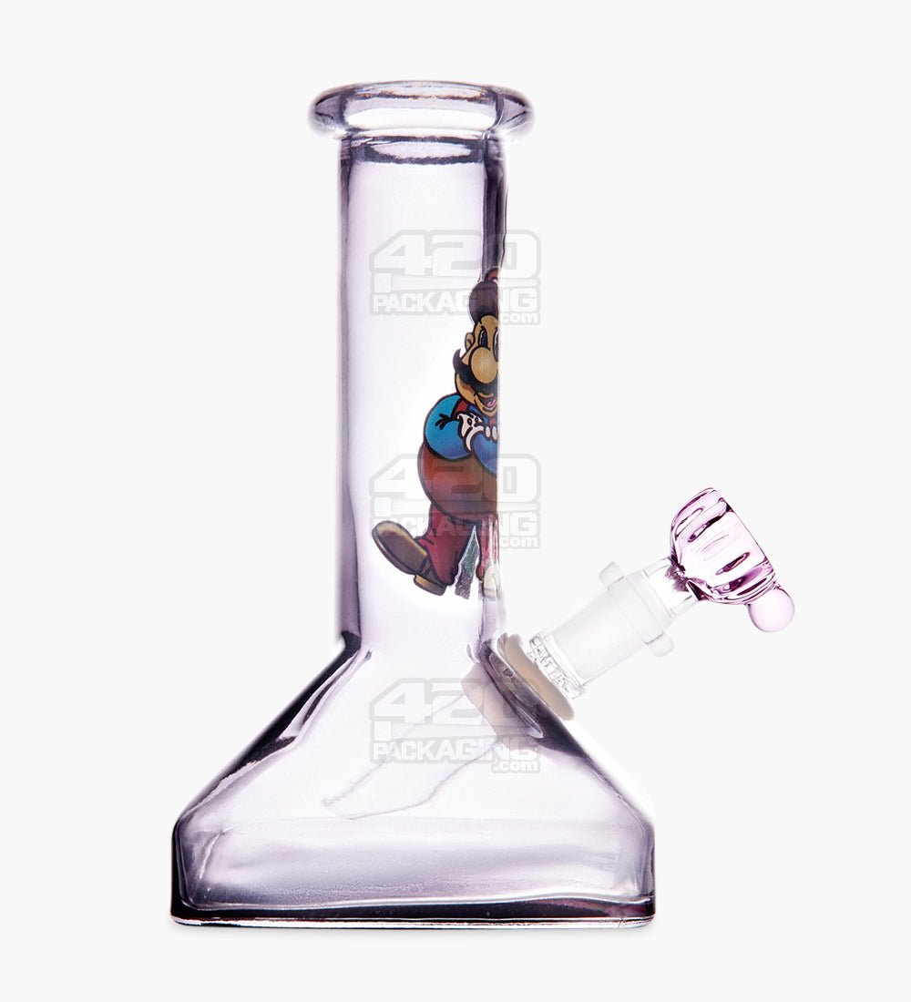 Straight Neck Decal Glass Beaker Water Pipe w/ Square Base | 7in Tall - 14mm Bowl - Assorted - 5